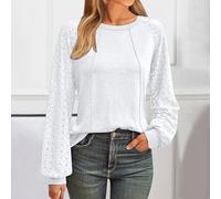 Womens Tops Ladies Tops Lace Long Sleeve Crew Neck Shirt Long Sleeve Womens Tops T Shirts Loose Casual Blouse Tops for Women Uk tops for women uk party wear Ladies Blouses Limited Time Deal White
