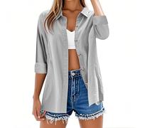 Womens Tops Long Sleeve Casual Button Down Cotton Linen Shirts Casual Roll Up Sleeve Ladies Tunic Tops Solid Color Plus Size Loose Blouse Fashion V Neck Oversized Tees Lightweight Summer Shirt Dress