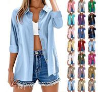 Womens Tops Long Sleeve Casual Button Down Cotton Linen Shirts Casual Roll Up Sleeve Ladies Tunic Tops Solid Color Plus Size Loose Blouse Fashion V Neck Oversized Tees Lightweight Summer Shirt Dress