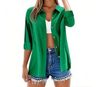 Womens Tops Long Sleeve Casual Button Down Cotton Linen Shirts Casual Roll Up Sleeve Ladies Tunic Tops Solid Color Plus Size Loose Blouse Fashion V Neck Oversized Tees Lightweight Summer Shirt Dress