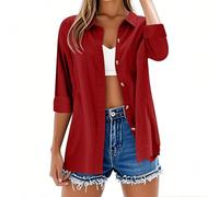 Womens Tops Long Sleeve Casual Button Down Cotton Linen Shirts Casual Roll Up Sleeve Ladies Tunic Tops Solid Color Plus Size Loose Blouse Fashion V Neck Oversized Tees Lightweight Summer Shirt Dress