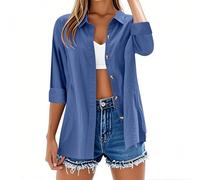 Womens Tops Long Sleeve Casual Button Down Cotton Linen Shirts Casual Roll Up Sleeve Ladies Tunic Tops Solid Color Plus Size Loose Blouse Fashion V Neck Oversized Tees Lightweight Summer Shirt Dress