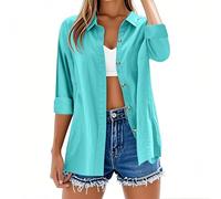 Womens Tops Long Sleeve Casual Button Down Cotton Linen Shirts Casual Roll Up Sleeve Ladies Tunic Tops Solid Color Plus Size Loose Blouse Fashion V Neck Oversized Tees Lightweight Summer Shirt Dress