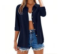 Womens Tops Long Sleeve Casual Button Down Cotton Linen Shirts Solid Color Summer Tshirts V Neck Roll Up Collared Loose Oversized Tees Lightweight Dressy Blouses Office Work Ladies Tunic Tops Navy