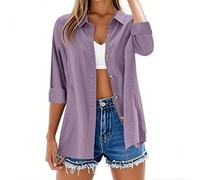 Womens Tops Long Sleeve Casual Button Down Cotton Linen Shirts Solid Color Summer Tshirts V Neck Roll Up Collared Loose Oversized Tees Lightweight Dressy Blouses Office Work Ladies Tunic Tops