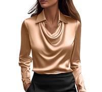 Women's Tops Long Sleeve Elegant Satin Silk Blouses for Women UK Elegant Cowl Neck Long Sleeve Shirts Trendy Solid Color Tunic Blouse Casual Ruched Front Draped Tops Formal Office Work Wear