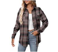 Womens Tops Long Sleeve Flannel Checked Shirts Casual Long Sleeve Plaid Shirt Ladies Classic Check Blouses Going Out Tops with Pockets