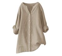 Womens Tops Long Sleeve Shirt Cotton Linen Button Down Tshirts Summer Swing Plus Size Ladies Tops V Neck Roll Up Long Sleeve Blouses Tunic Tops Solid Color Elegant Oversized Tees S-5XL Khaki