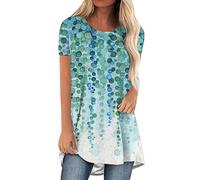Womens Tops Long Tops to Wear with Leggings Round Neck Short Sleeve Leaf Print T-Shirt Longline Oversized Tees Summer Smock Shirt Blouse Summer for Women UK Size 16 Green XXL