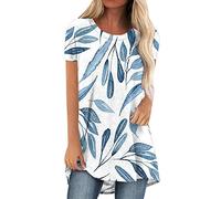 Womens Tops Long Tops to Wear with Leggings Round Neck Short Sleeve Leaf Print T-Shirt Longline Oversized Tees Summer Smock Shirt Blouse Ladies Size 14 UK Light Blue XL