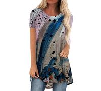 Womens Tops Long Tops to Wear with Leggings Round Neck Short Sleeve Leaf Print T-Shirt Longline Oversized Tees Summer Smock Shirt Blouse Womens Summer Plus Size Brown S