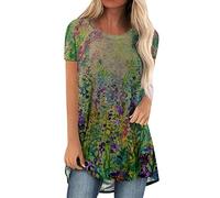 Womens Tops Long Tops to Wear with Leggings Round Neck Short Sleeve Tops Leaf Print T-Shirt Longline Tops Oversized Tees Summer Smock Shirt Blouse Womens Tops Size 10 Going Out Green M