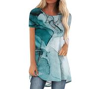 Womens Tops Long Tops to Wear with Leggings Round Neck Short Sleeve Tops Leaf Print T-Shirt Longline Tops Oversized Tees Summer Smock Shirt Blouse Ladies Summer Tops Size 12 Sky Blue L