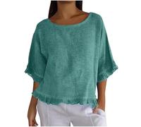 Womens Tops Loose Short Sleeve Blouses Ruffle Hem Linen Top Oversized T Shirts Lagenlook Top Round Neck Tunic Tops Loose Summer Tops Casual Tee Shirts Elegant Party Clubbing Top Boho Tees
