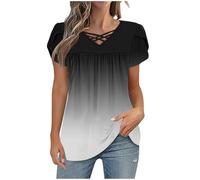 Womens Tops Petal Short Sleeve Shirts V Neck Summer Tunic Tops Ladies Blouses Casual Loose Fit Pullover Gradient Print Tees Shirts Dressy Casual Pleated Tshirt Going Out Top
