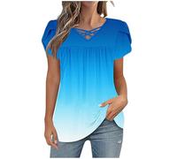 Womens Tops Petal Short Sleeve Shirts V Neck Summer Tunic Tops Ladies Blouses Casual Loose Fit Pullover Gradient Print Tees Shirts Dressy Casual Pleated Tshirt Going Out Top
