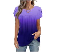 Womens Tops Petal Short Sleeve Shirts V Neck Summer Tunic Tops Ladies Blouses Casual Loose Fit Pullover Gradient Print Tees Shirts Dressy Casual Pleated Tshirt Going Out Top