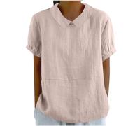 Women's Tops Plus Size Summer Linen Shirts Short Sleeve Tunic Tops Peter Pan Collar Designer Blouses Colour Block Baggy Pullover Loose Fit Breathable T-Shirts Ladies Loungewear
