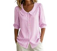 Womens Tops Retro Striped Peter Pan Collar Striped Shirt 3/4 Puff Sleeve Button Down Tees Loose Fit Lightweight Summer Fashion Tunic Elegant Office and Daily Wear Pink