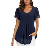 Womens Tops Ruffle Short Sleeve Dressy Top Loose Flowy V Neck Chiffon Tunic Blouses Boho Double Layered Mesh Tshirts Blouses Pleated Tunic Tops Double Layers Mesh Shirts Elegant Loose Casual Tee S-3XL