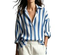 Womens Tops Satin Striped Long Sleeve Shirts Collared Drop Shoulder Button Down Blouse Shirt Top Pullover Comfy Soft Silk Smart Office Work Blouses Lightweight Breathable Shirts Tops Blue