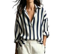 Womens Tops Satin Striped Long Sleeve Shirts Collared Drop Shoulder Button Down Blouse Shirt Top Pullover Comfy Soft Silk Smart Office Work Blouses Lightweight Breathable Shirts Tops Navy