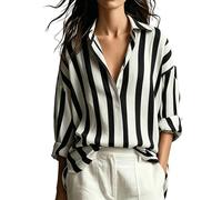 Womens Tops Satin Striped Long Sleeve Shirts Collared Drop Shoulder Button Down Blouse Shirt Top Pullover Comfy Soft Silk Smart Office Work Blouses Lightweight Breathable Shirts Tops Black
