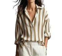 Womens Tops Satin Striped Long Sleeve Shirts Collared Drop Shoulder Button Down Blouse Shirt Top Pullover Comfy Soft Silk Smart Office Work Blouses Lightweight Breathable Shirts Tops Khaki