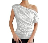 Womens Tops Sequin Off Shoulder Blouse Short Sleeve Elegant Asymmetrical One Shoulder Shirts Summer Sparkly Party Top Ladies t Shirts White L