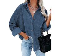 Womens Tops Shirt Shacket Corduroy Ribbed Solid Colour Plain Striped Button-Down Lapel Long Sleeve Pocket Loose Blouse Overshirt(A Blue,2XL 18)