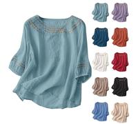 Womens Tops Size 16 Summer Thin Vintage Embroidered Oversized Loose Fit Cotton 3/4 Sleeve Round Neck Tops Elegant Flowy Boho Lightweight Tee Shirts Blouse A-White