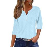 Women's Tops Solid Color V Neck Button T-Shirt Soft Lightweight 3/4 Sleeve Eyelet Tshirts Blouses Dressy Cosy Tunics Loose Fit Trendy Summer Outfits Breathable & Comfy