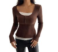 Women's Tops Square Neck Long Sleeve Tees Slim Fit Ribbed Blouses for Women UK Soft Lace Tunic Tops for Office Wear and Going Out