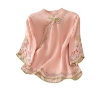 Womens Tops Summer 3/4 Sleeve Linen Tops Frog Button Embroidered Flowy Blouses Mandarin Collar Loose Fit Blouse Chinese Style Floral Embroidery Tea Shirts Ladies Casual Wear