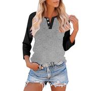 Womens Tops Summer 3/4 Sleeve T Shirts Button V Neck Ladies Tunic Blouses Color Block Basic Tee Tops Loose Fit Summer T-shirts Going Out 100% Cotton Sports Gym Blouse Daily Work Shirt 16 18 14 22 12
