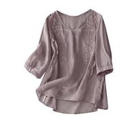 Women's Tops Summer Flowy Cotton Linen Shirt Plus Size 3/4 Sleeve Button Up Tshirts Lightweight Boho Embroidered Peasant Shirts Cute Tees Work Dressy Casual T Shirt Blouses