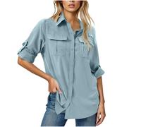 Womens Tops Summer Long Sleeve Button Down Shirts Solid Color Summer Tshirts Casual V Neck Roll Up Collared Loose Oversized Tees Lightweight Dressy Blouses Office Work Ladies Tunic Tops