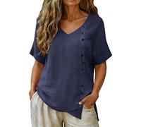 Womens Tops Summer Short Sleeve Linen Shrits Casual Buttons V Neck Tunic Tops Side Split Dressy Casual Loose Blouses Solid Trendy Clothes for Older Ladies Dark Blue M