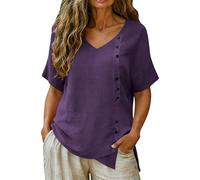 Womens Tops Summer Short Sleeve Linen Shrits Casual Buttons V Neck Tunic Tops Side Split Dressy Casual Loose Blouses Solid Trendy Clothes for Older Ladies Purple M