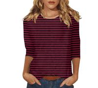 Womens Tops T Shirts for Women UK 3/4 Sleeve Stripy Blouses Casual Round Neck T Shirts Loose Fit Tunic Tops Soft Stretch Wort Tee Ladies Plus Size Summer Tops Lightweight Pullover Blouses Wine
