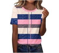Womens Tops UK 2025 Crew Neck Short Sleeve Shirts Ladies Block Color Striped Tees Tops Summer Basic T-Shirt Casual Trendy Elegant Comfy Tunic Blouse Plus Size Tees