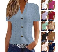 Womens Tops UK Causal Breathable V Neck Short Sleeve Blouses Elegant Eyelet Embroidery T-Shirt Women's Summer Tops Comfort Button Down Going Out Top Slimming Fit Top Vintage Tshirts