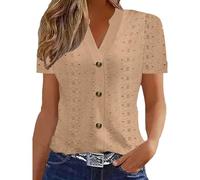 Womens Tops UK Causal Breathable V Neck Short Sleeve Blouses Elegant Eyelet Embroidery T-Shirt Women's Summer Tops Comfort Button Down Going Out Top Slimming Fit Top Vintage Tshirts