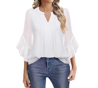 Womens Tops Uk, Chiffon Blouses For Women - Elegant Office Work Shirts Comfort Breathable 3/4 Flared Sleeve Blouse Casual Versatile Business Work Blouse Classic Henry V Neck Shirt