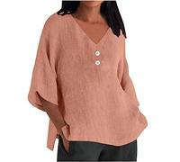 Womens Tops UK Clearance Cotton Linen Solid Dressy Lightweight Tops Round V Neck Ladies Henley Neck T Shirt 3/4 Sleeve lit Hem Elegant Casual Loose Ladies Blouses Deal of The Day Plus Size 8-22