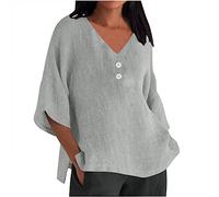 Womens Tops UK Clearance Cotton Linen Solid Dressy Lightweight Tops Round V Neck Ladies Henley Neck T Shirt 3/4 Sleeve lit Hem Elegant Casual Loose Ladies Blouses Deal of The Day Plus Size 8-22