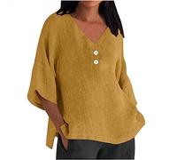 Womens Tops UK Clearance Cotton Linen Solid Dressy Lightweight Tops Round V Neck Ladies Henley Neck T Shirt 3/4 Sleeve lit Hem Elegant Casual Loose Ladies Blouses Deal of The Day Plus Size 8-22