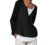 Womens Tops UK Clearance Ladies Casual Cotton Linen Tunic Top Notch Neck V Neck Long Sleeve Drop Shoulder Solid Basic Blouses Swing Top Loose T Shirts Comfortable Ladies Tops Deal of The Day