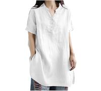 Womens Tops UK Clearance Ladies Tops Cotton Linen Short Sleeve Blouses Bottons V Neck Longline Pullover Lapel Neck Solid Elegant Business Casual Loose T Shirts Deal of The Day Plus Size 8-22 White