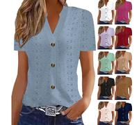 Womens Tops UK Sale, Causal Breathable V Neck Short Sleeve Blouses Elegant Eyelet Embroidery T-Shirt Women's Summer Tops Comfort Button Down Going Out Top Slimming Fit Top Vintage Tshirts